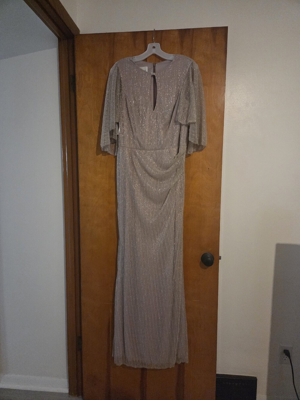 Oleg Cassini Metallic Evening Gown with Flutter Sleeves